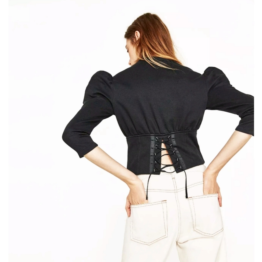 ZARA JOIN LIFE Black Puff Sleeve Crop Corset Top Size M